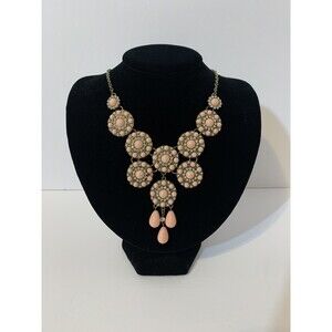 Goldtone Pink Statement Bib Necklace With Rhinestones